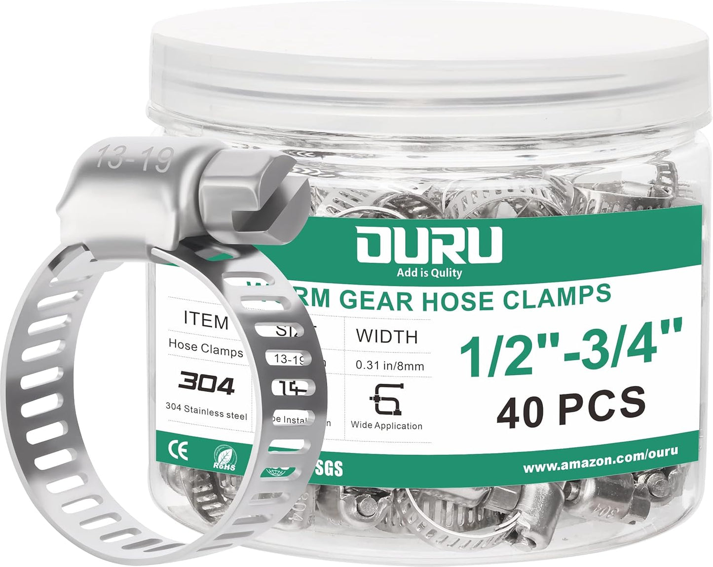 40PCS Hose Clamps Stainless Steel Adjustable 1/2"– 3/4"(13-19mm) Worm Gear Hose Clamp, Heavy Duty Metal Small Hose Clamps for Automotive, Pipe, Radiator Plumbing, Fuel Line