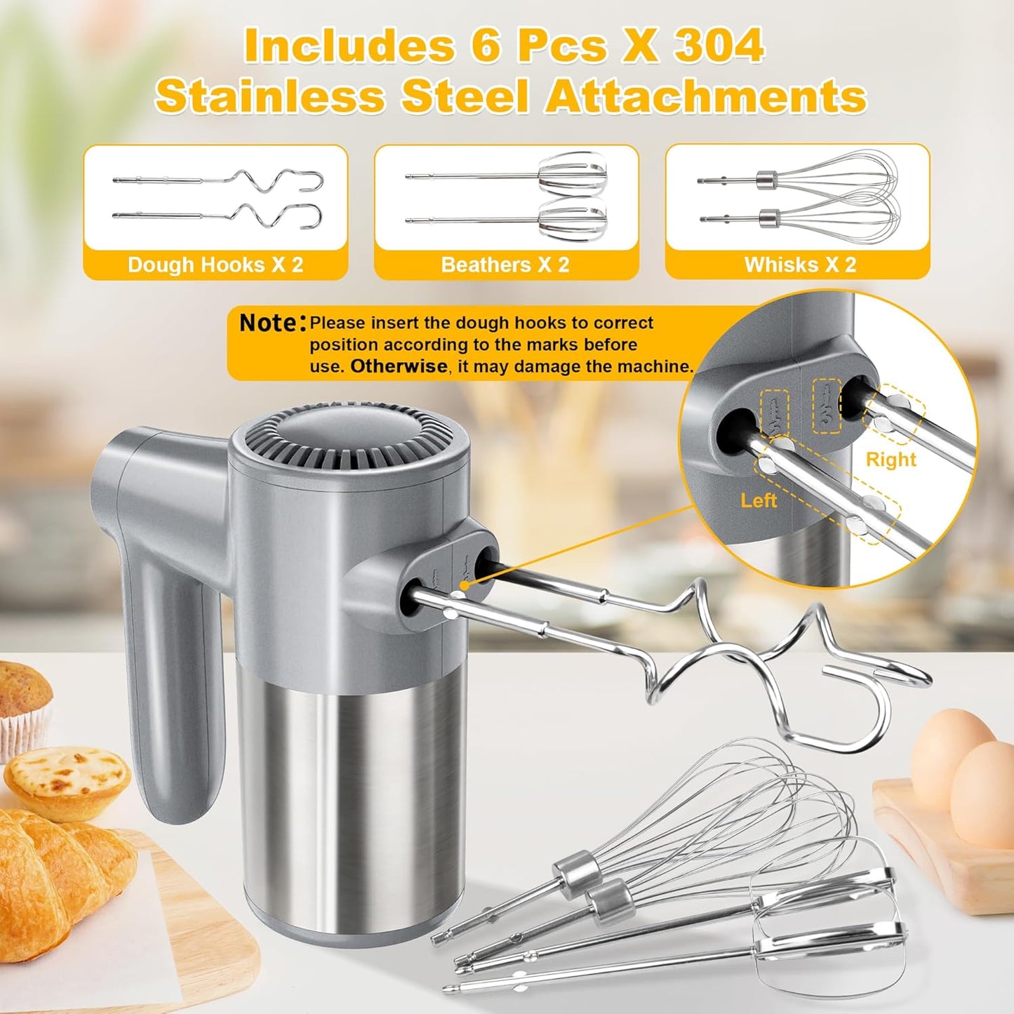 Cordless Hand Mixer, Electric Mixer Handheld Digital Display 7 Speed Rechargeable with 6 Stainless Steel Attachments Whisks Beaters Dough Hooks & Storage Base, Blender for Baking, Eggs, Silver