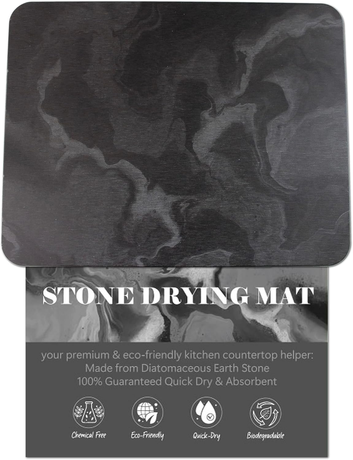 Large Stone Drying Mat for Kitchen Counter, Water Absorbing Stone, Quick Dry Stone Mat Kitchen, Diatomaceous Earth Dish Drying Mat (17.7 x 13.8 Inch Black Marble Drying Mat)