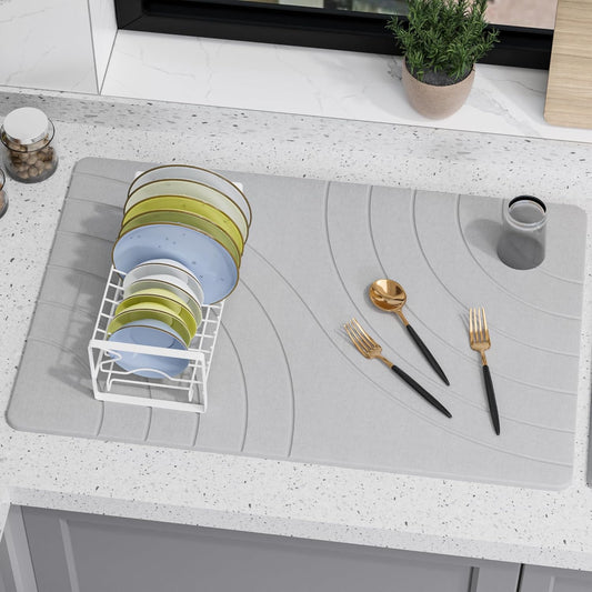 Large Stone Drying Mat for Kitchen Counter, 24" × 16" Diatomite Dish Drying Mat, Quick Dry Stone Mats, Ultra Absorbent Natural Diatomaceous Earth Mats for Dished, Bottles, Grey