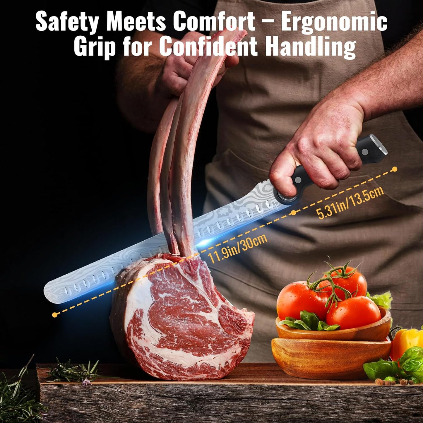 12-Inch Slicing Carving Knife with Unique Grip Ring & Non-slip Serrated Spine | Ultra-Sharp High-Carbon Stainless Steel Blade & Damascus Pattern for Brisket Meat Cutting | Pakka Wood Handle