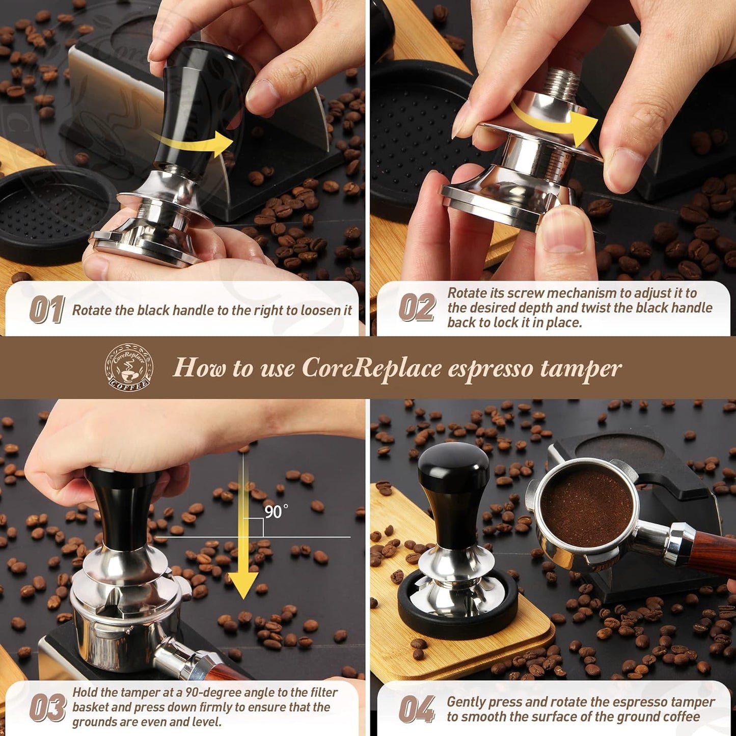 Newest 58mm Espresso Coffee Tamper Adjustable Height with Scale, 30lbs Springs Tamping Strength, Stainless Steel Flat Base, with Mat