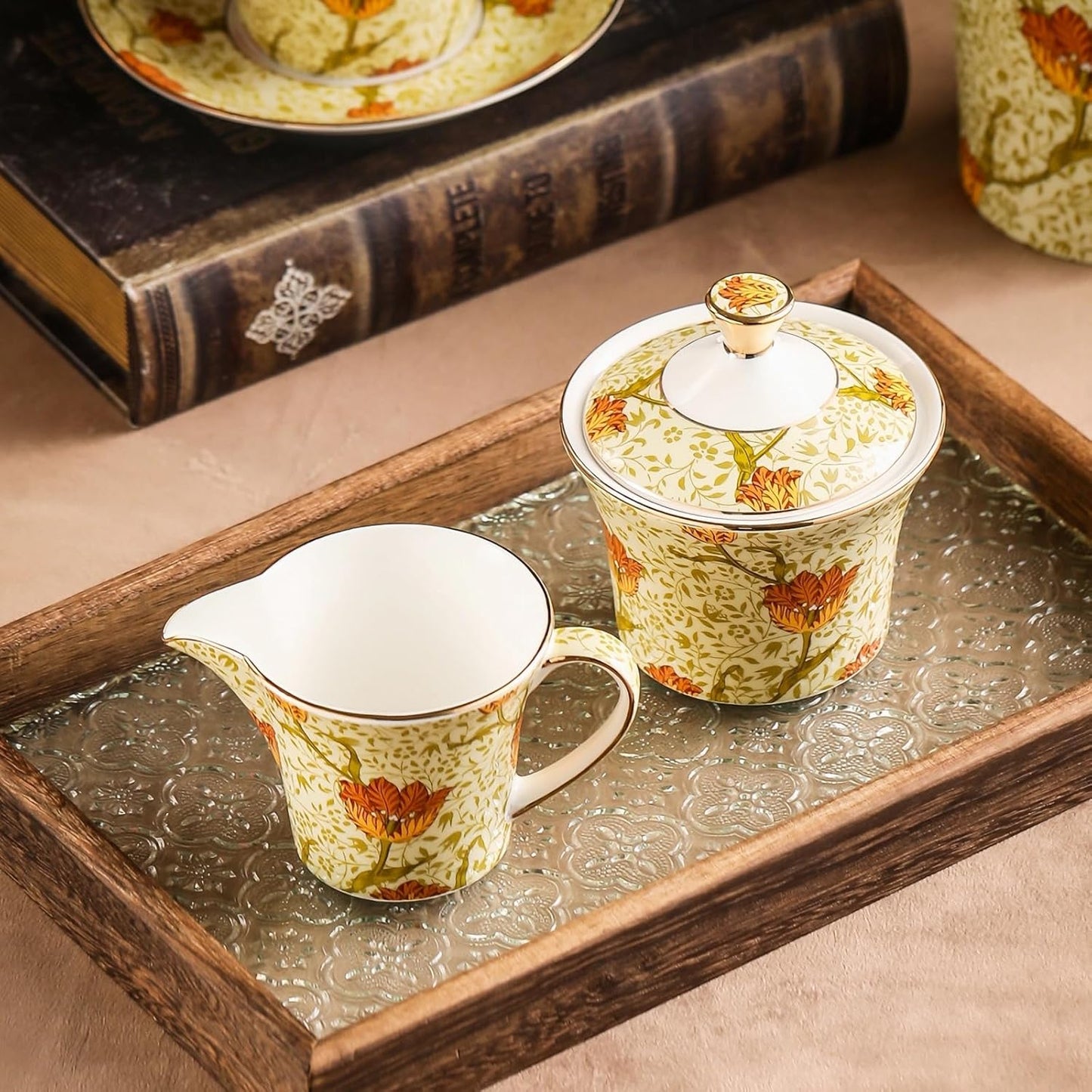 ACMLIFE Tea Set for Adults- Fine China Tea Set for 6, 21-Piece Vintage British Coffee Set English Porcelain Tea Pot Sets for Adult Tea Party for Women Gift (Tulip Yellow, Extra Large 21)