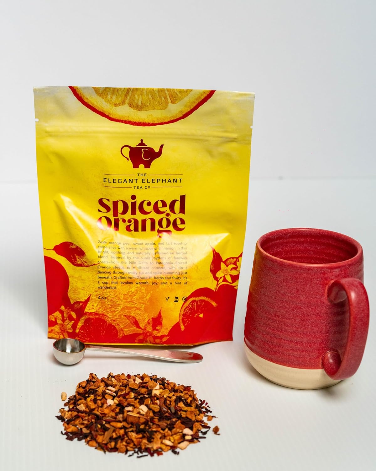 Spiced Orange Tea, Loose Leaf Herbal Tea – Sweet, Spicy, Caffeine-Free – Orange, Apple & Cinnamon Spice – Drink Hot or Iced – 4 oz Resealable Bag (Makes 50 Cups) – The Elegant Elephant