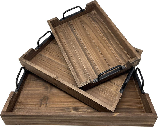 3 Piece Decorative Nested Vintage Wood Serving Tray Set for Coffee Table or Ottoman – Rustic Wooden Breakfast Trays for Kitchen, Dining Room, or Living Room – Farmhouse Platter w/Handles – Brown