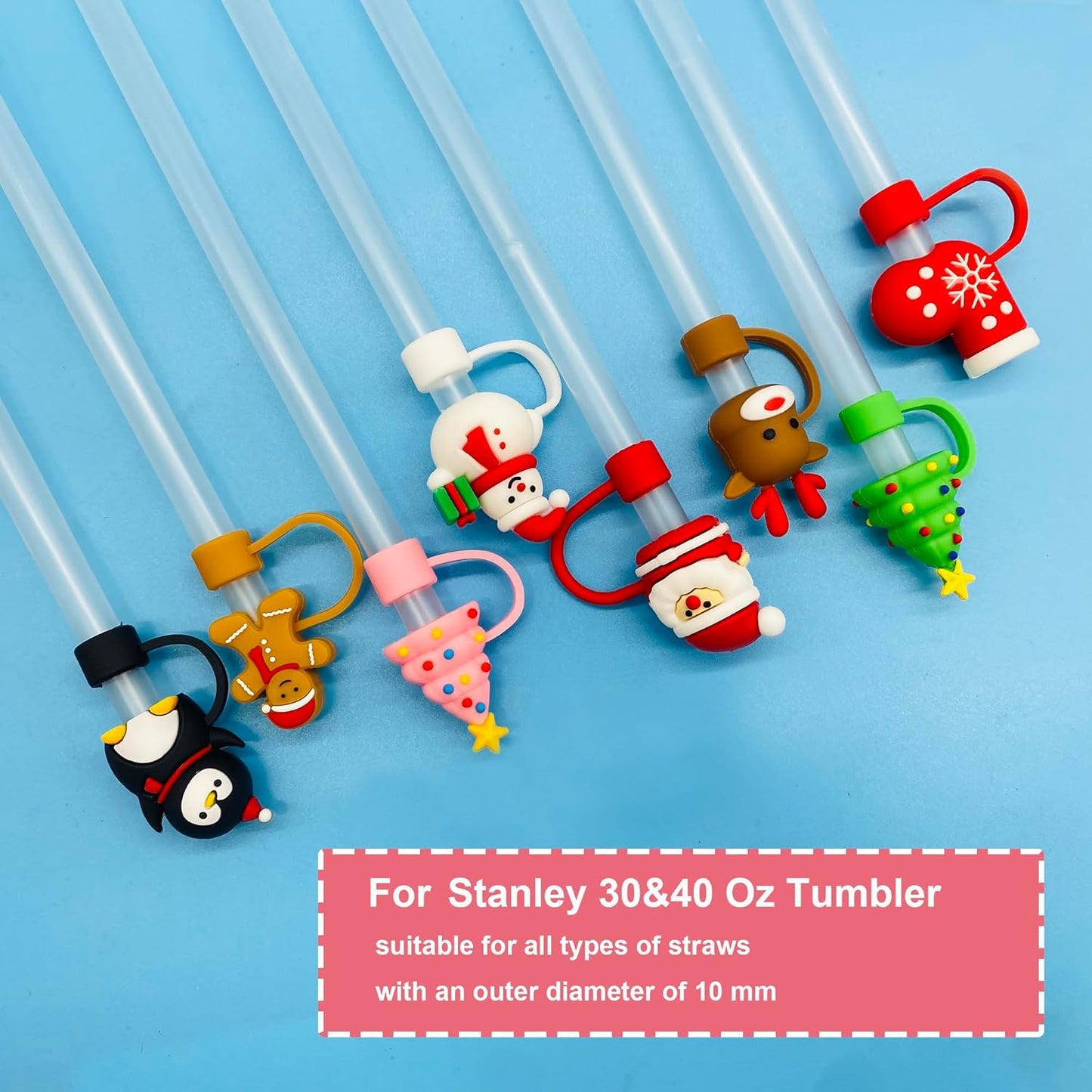 8PCS Christmas Straw Toppers for Stanley Cup Holiday Straw Cover for Stanley 30oz & 40oz Tumbler with Handle,10 mm Silicone Straws Topper Cap for Party Favor