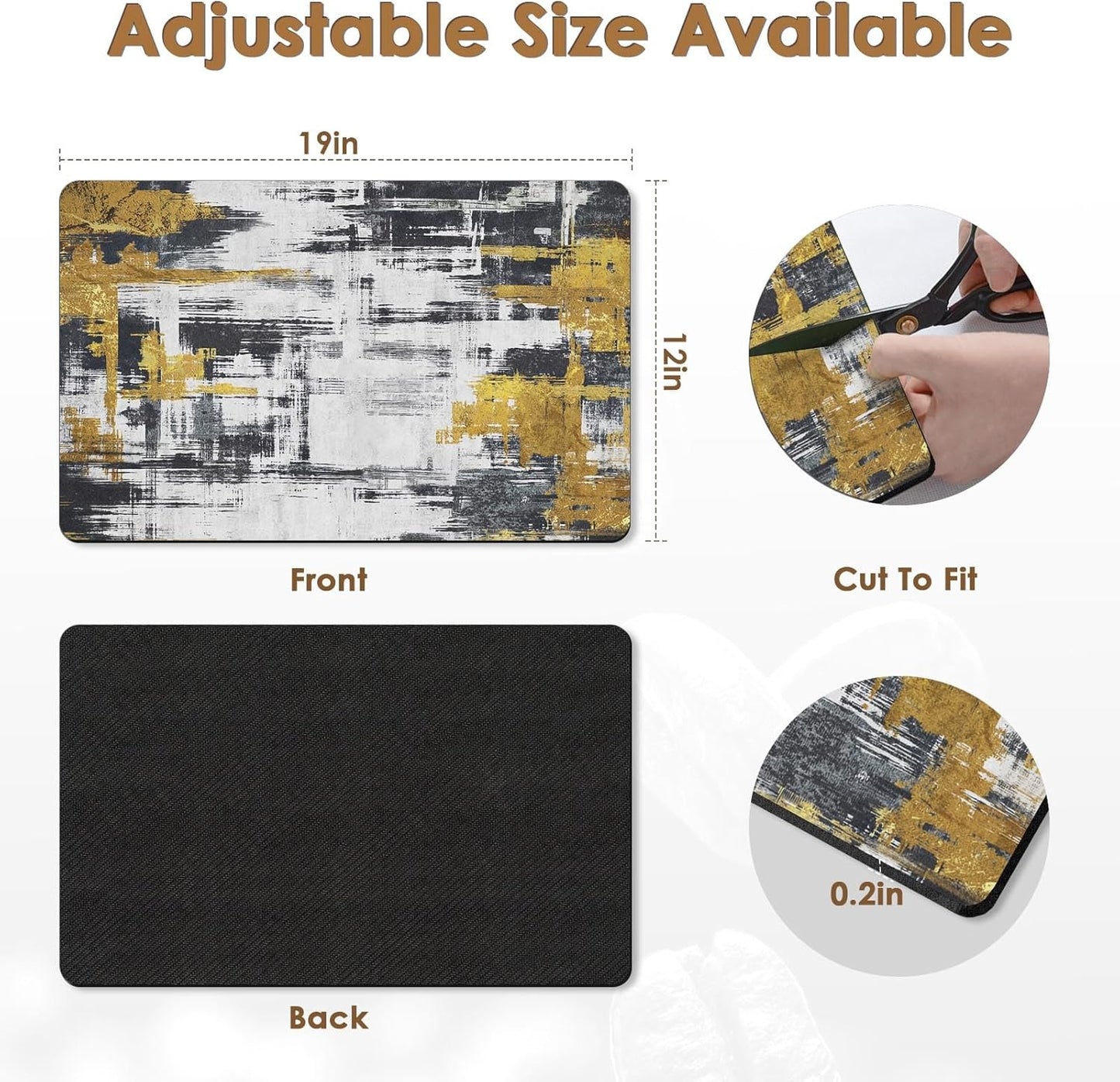 Arttown Coffee Mat for Countertops, Abstract Black Golden Minimalism Grey Dish Drying Mat 2 Pcs for Kitchen Bar Accessories, Coffee Maker Espresso Machine Dish Rack Hide Stain Rubber 12x19in