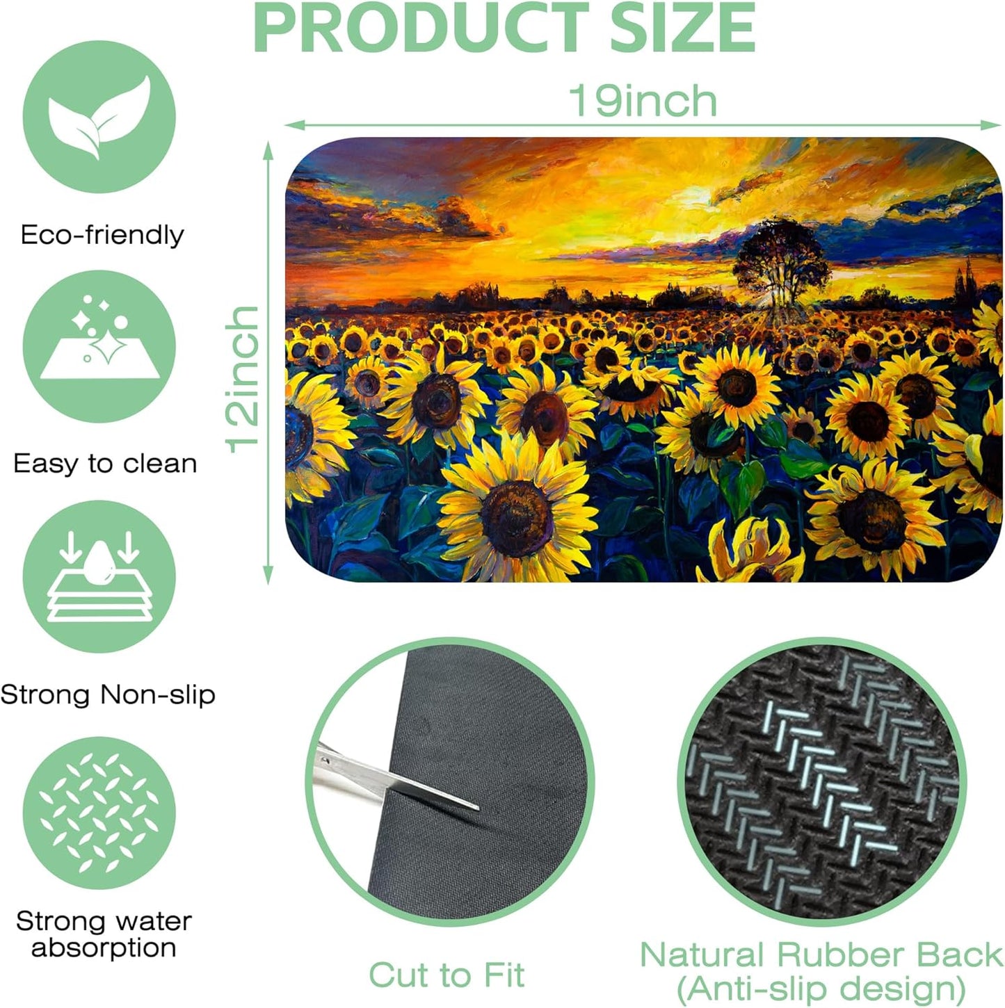 Sunflower Field Dish Drying Mat,12"X19" Absorbent Fast Dish Drying Mat for Kitchen Counter Pot and Pan, Kitchen Accessories