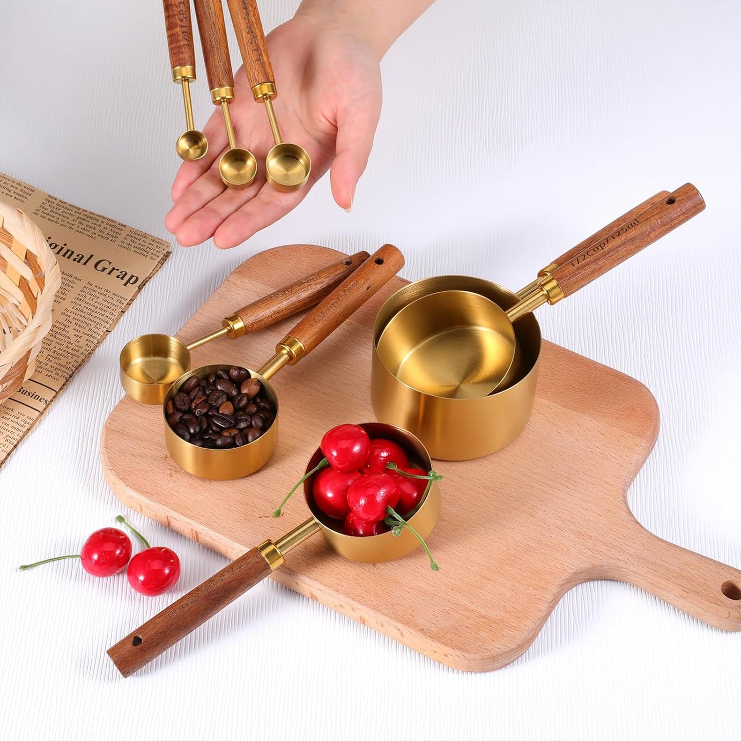 Stainless Steel Measuring Cups Set and Measuring Spoons Wooden Handle Metal Measure Cups and Spoons for Cooking and Baking, Gold, 8 Piece