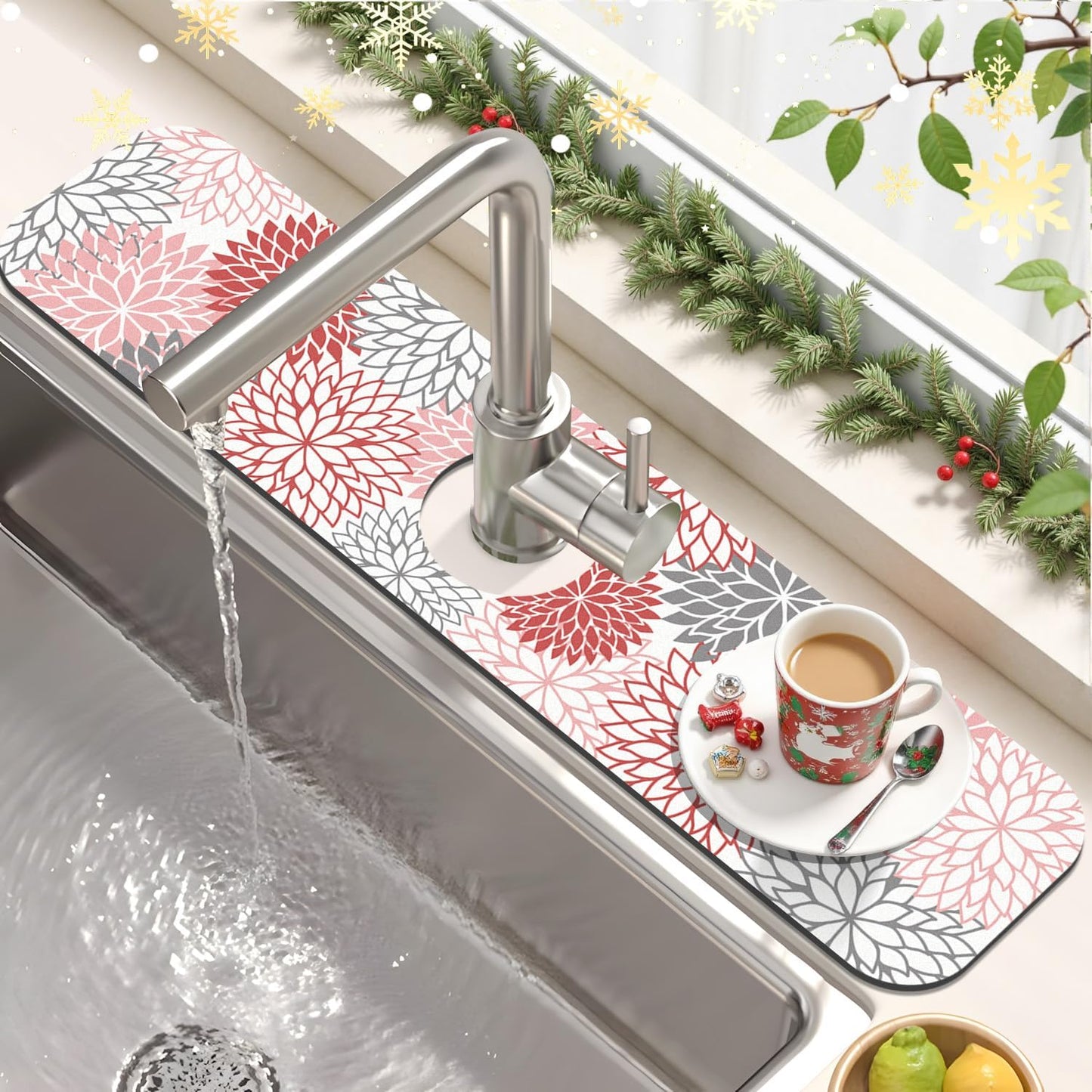 Findosom 2PCS 12" x 20" Christmas Dish Drying Mat & 24" x 5.5" Sink Splash Guard, Super Absorbent & Cuttable Dish Mat Drying Kitchen Mat with Red Floral, Hide Stain Drying Mat for Kitchen Counter