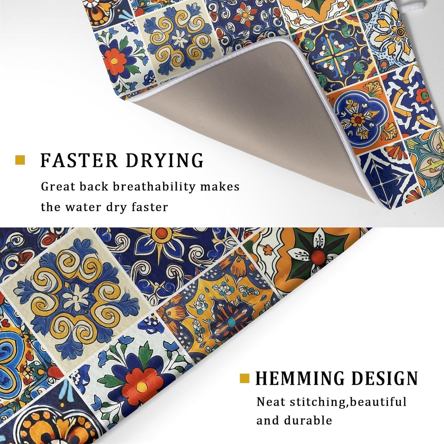 Talavera Mexican Tiles Dish Drying Mat for Kitchen Counter 16x18 Inch Mexican Flower Decorations Dish Draining Mat Mexican Tilt Fast Absorbent Tableware Dishes Pad for Coffee Bar Countertop