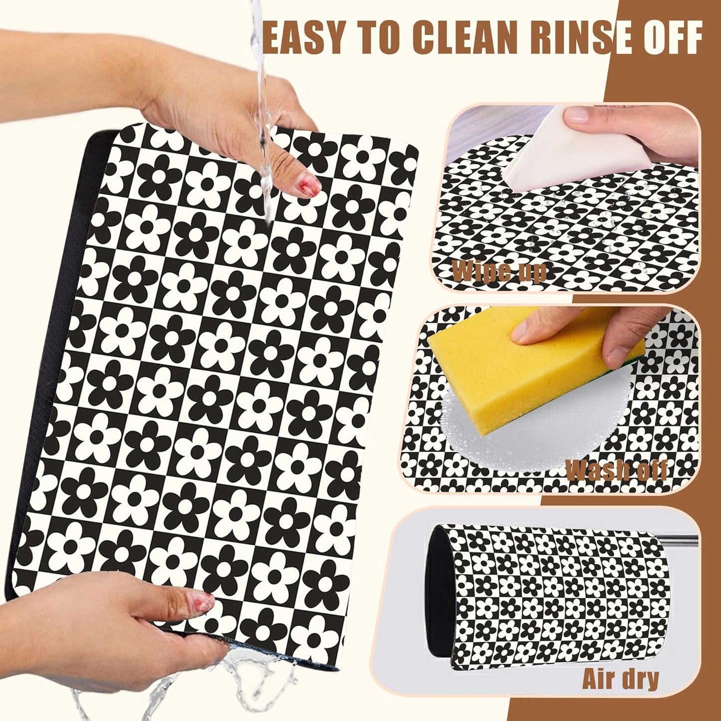 Black and White Checkered Flower Dish Drying Mat for Kitchen Counter Absorbent Coffee Bar Mat with Hide Stain Rubber Backed Coffee Maker Espresso Machine Cafe Table Accessories 11.8 x 19.7 Inch