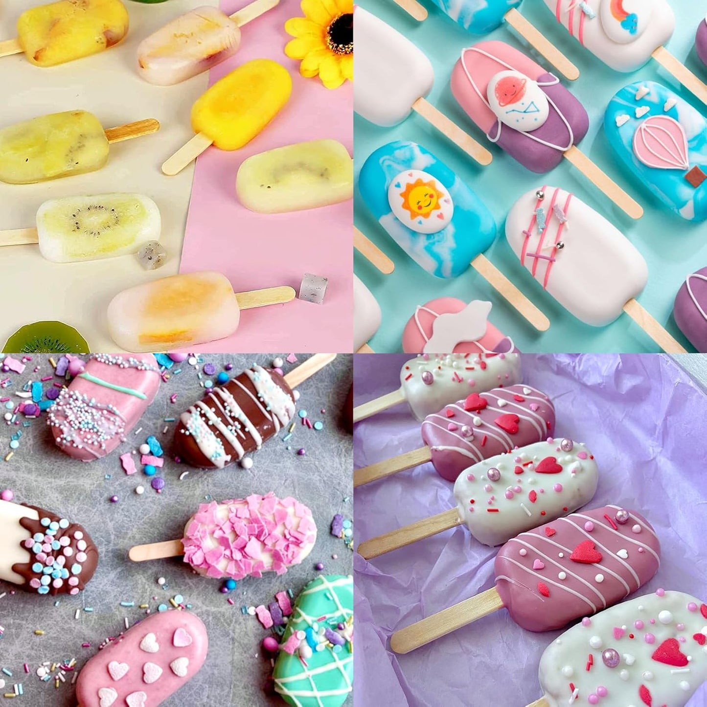 Ouddy Life Popsicle Molds Set of 2, Ice Pop Molds Silicone 4 Cavities Ice Cream Mold Oval Cake Pop Mold with 50 Wooden Sticks for DIY Popsicle (Purple) (Purple)