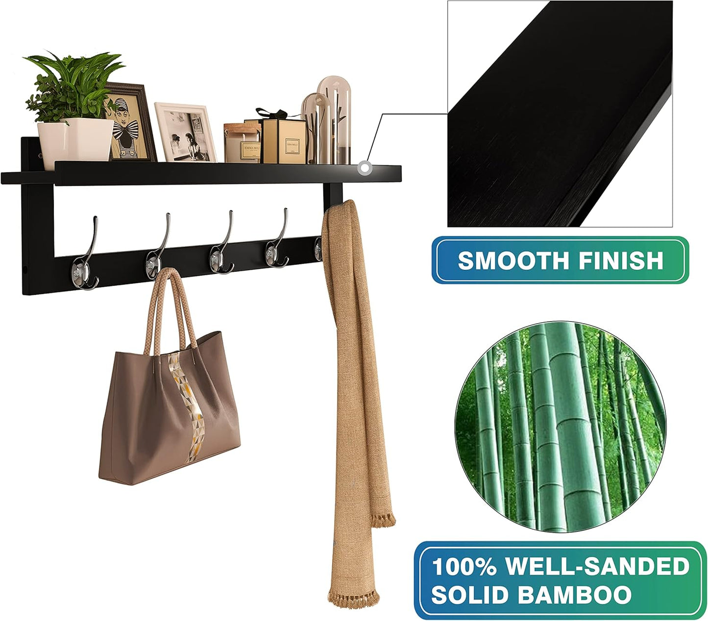 SMIBUY Coat Hooks with Shelf Wall-Mounted, 29.2 Inch Entryway Coat Rack for Wall, Bamboo Hanging Shelf with 5 Double Metal Hooks for Bathroom, Bedroom, Kitchen, Living Room, Mudroom (Black+Silver)