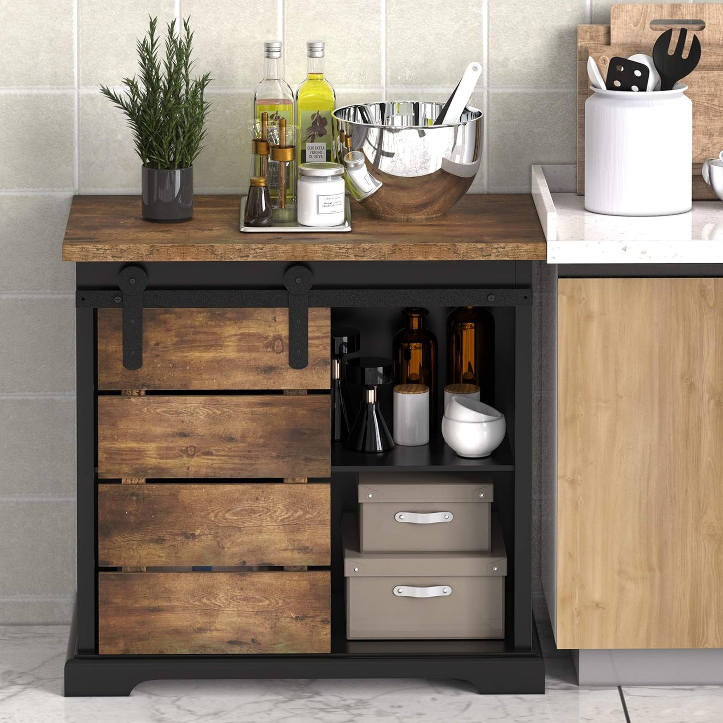 NSdirect Sideboard Coffee Bar Cabinet,Modern Farmhouse Buffet Station Sliding Barn Door Storage Credenza Console with Slat and Shelf Entryway Storage Cabinet Kitchen Dining Living Room, Black