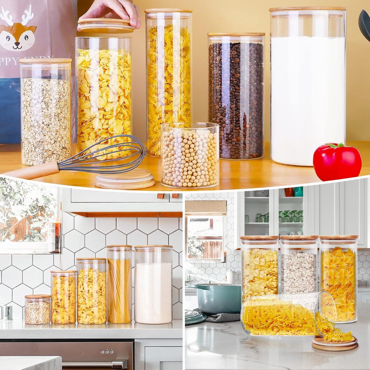 Glass Jars with Bamboo Lids 27 FL OZ [Set of 6], Glass Canisters with Airtight Lids, Glass Food Storage Containers for Coffee, Sugar,Tea, Candies, Cookies,Best for Kitchen & Pantry