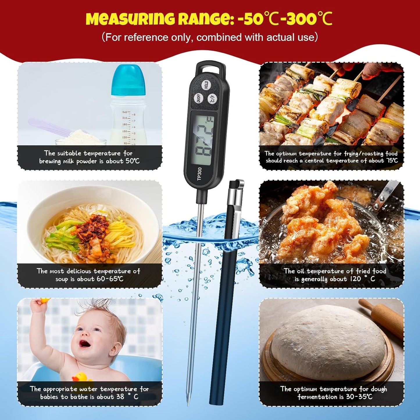 6 Pcs Meat Thermometer Food Thermometer with Probe Water Liquid Instant Read Digital Thermometer Cooking Thermometer Supplies BBQ Kitchen Thermometer for Cooking Milk Yogurt (Black)