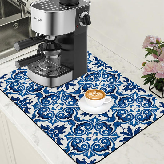 Dish Drying Mat Blue Portuguese Tiles Coffee Bar Mat for Countertop - Absorbent Rubber Backed Hide Stain Dish Drainer Rack - Coffee Maker Pot Dining Room Decoration 15.7 x 23.6 Inch