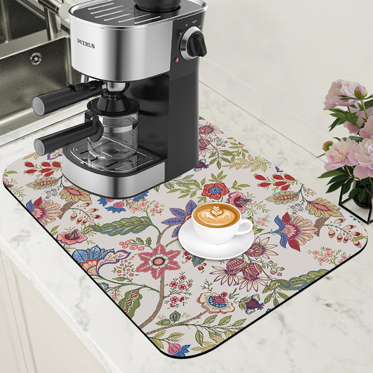 Colorful Flowers Dish Drying Mat for Kitchen Counter Bar Mat Hide Stain Absorbent Rubber Backed Coffee Maker Espresso Machine Bar Accessories 11.8 x 19.7 Inch