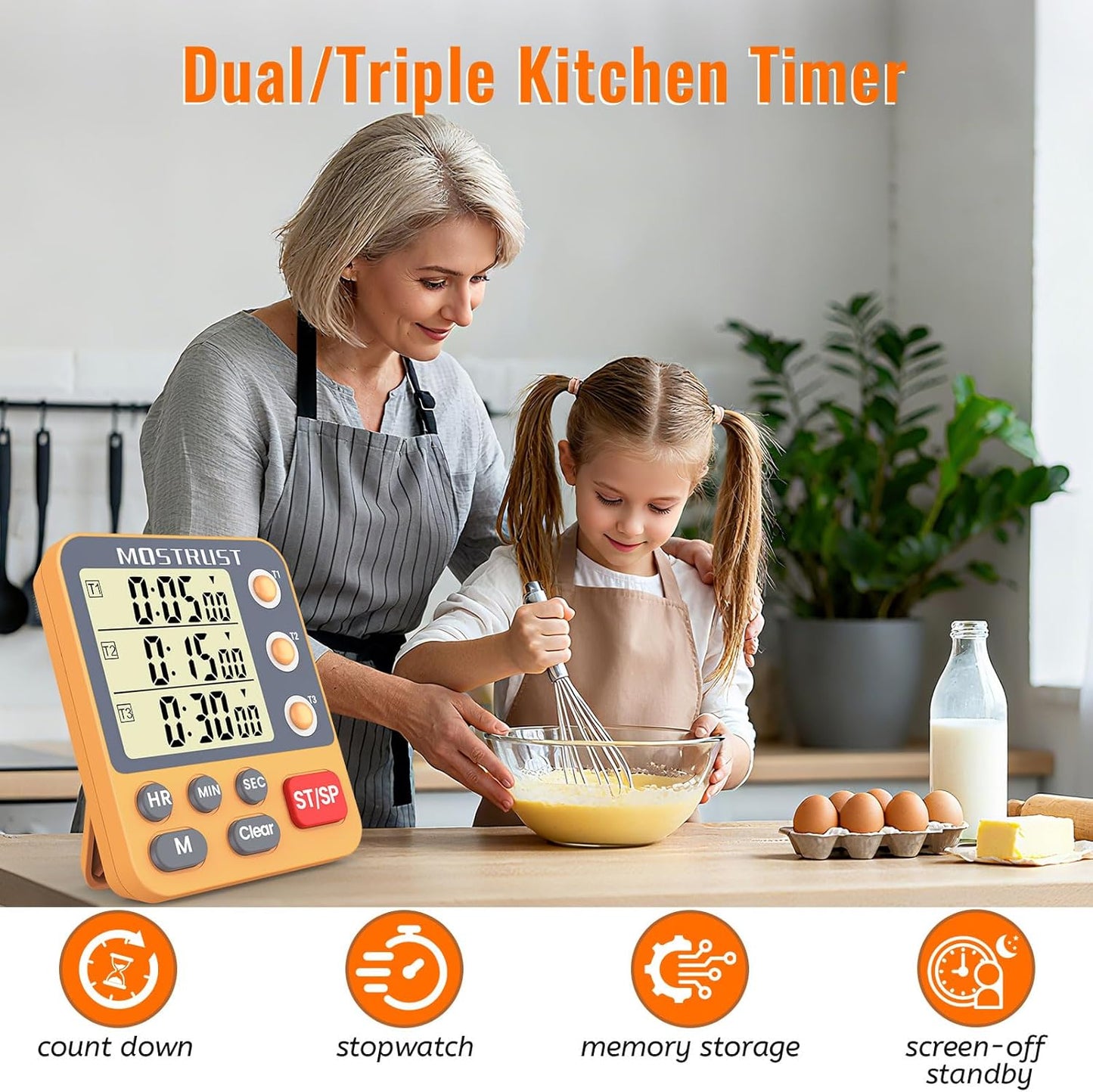 Digital Dual Kitchen Timer, 3 Channels Countdown Triple Timer for Cooking, Magnetic Memory-Preset Large Display Adjustable Alarm Volume, Multi Times Management, 3A Battery Included, Orange