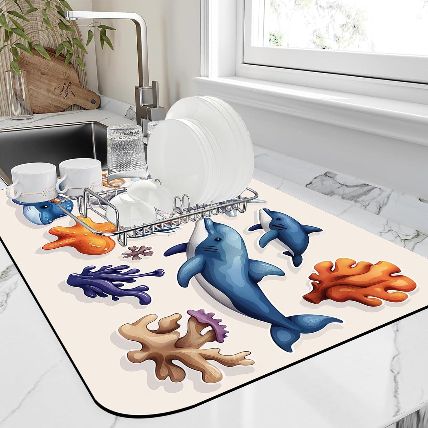 Sea Animals Dish Drying Mat Dolphins Starfish Anemones Kitchen Mat 12"x19" Bsorbent Coffee Maker Mat for Dishes,Utensils Coffee Maker Pots and Pans Easy Clean Dish Slip Resistant Pad