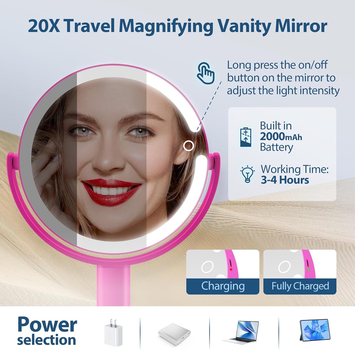 MIYADIVA Lighted Makeup Mirror, Type-C Rechargeable 20X Magnifying Mirror, 2-Sided Vanity Mirror with 3 Adjustable Lighting Modes, Focus on Detailed Makeup, Bathroom, Travel, Gift for Women Hot Pink