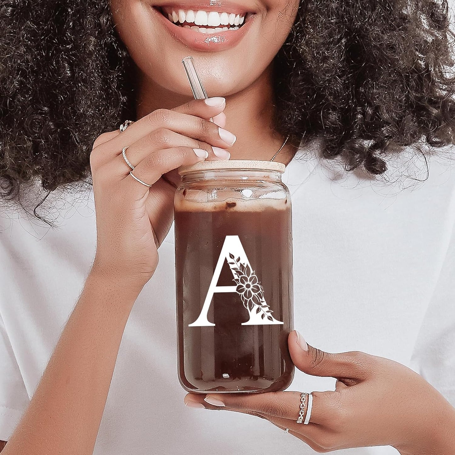 Personalized Gifts for Women, Monogrammed Glass Cups with Lids and Straws, Custom Tumbler, Cute Customized Mug, Aesthetic Stuff, Initial Iced Coffee Cup, Drinking Glasses, Birthday Teacher Gifts, E