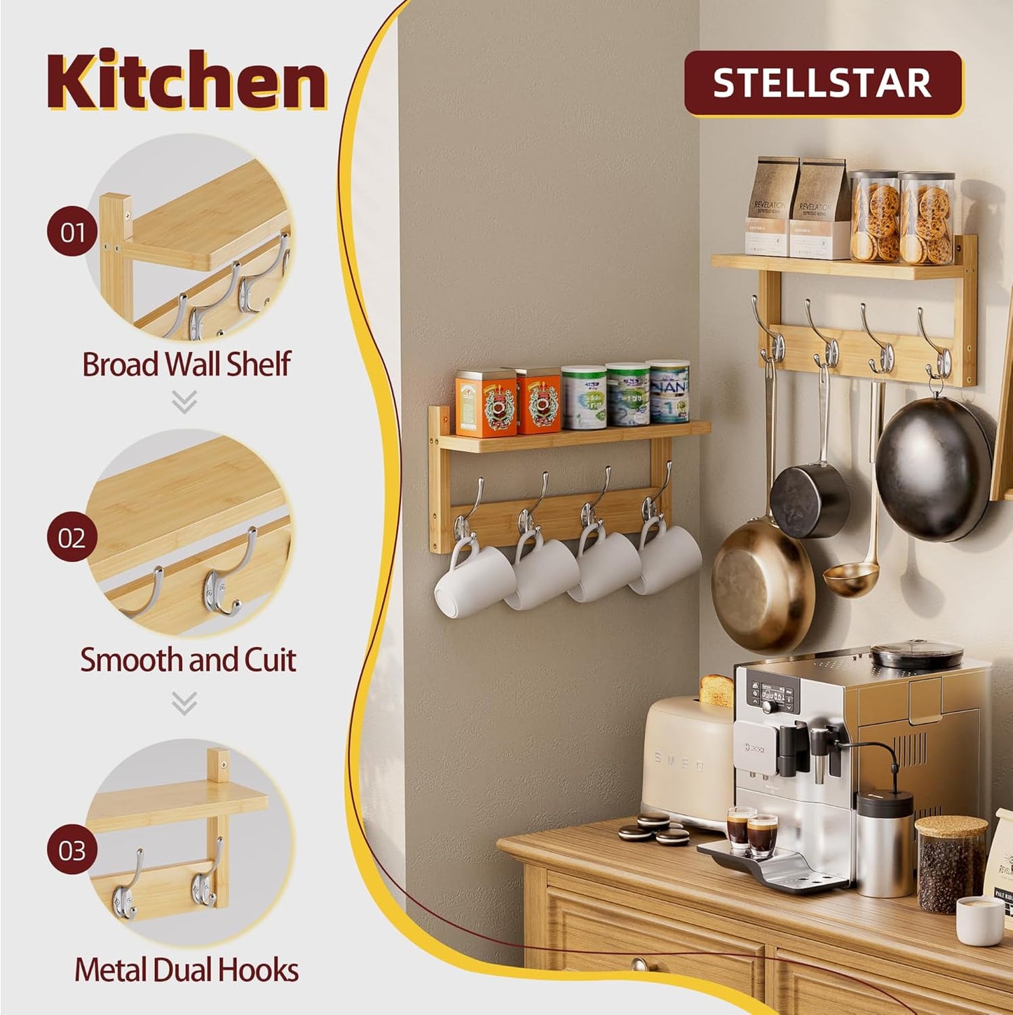 Coat Rack with Shelf, 2 Pack Bamboo Wall-Mounted Coat Hanger with 8 Hooks for Entryway, Hallway, Kitchen, Bathroom, Living Room, Utility Room (Natural)