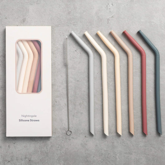 Nightingale Reusable Silicone Straws - Bendy Drinking Straw with Cleaning Brush - Collapsible and Bendable Travel Straw for Kids - Dishwasher Safe, Food-Safe - Set of 6 (Oak Multi)