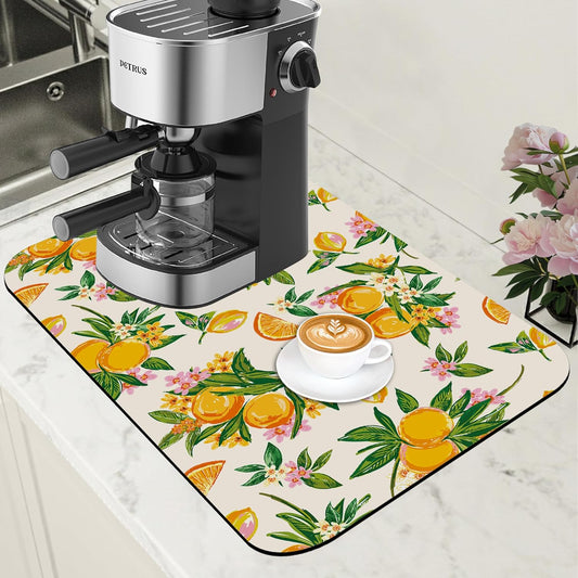 Dish Drying Mat Orange Fruit Floral Coffee Bar Mat for Countertop Absorbent Hide Stain Rubber Backed Dish Drainer Rack Pad Espresso Machine Dining Room Decoration 11.8 x 19.7 Inch