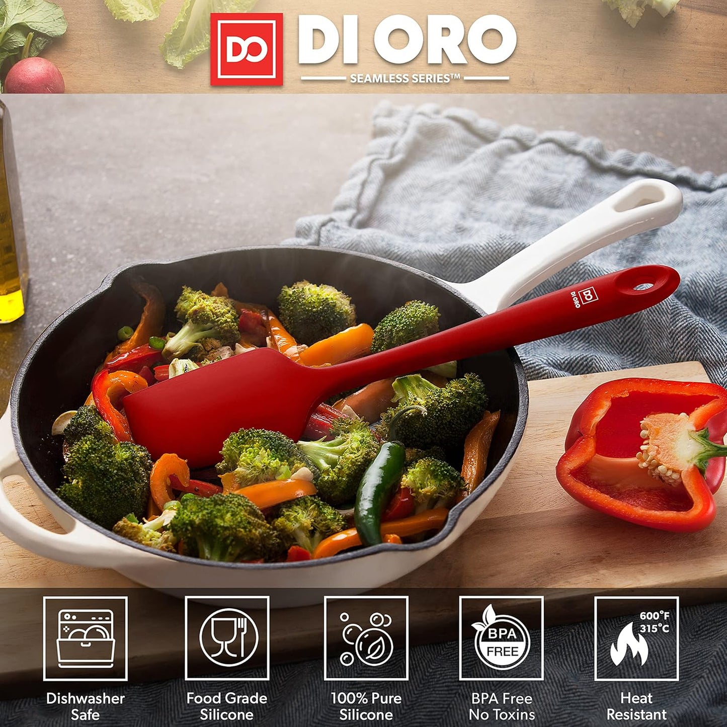 DI ORO - Large Silicone Spatula - 600ºF Heat-Resistant Spatula - Seamless Design - Pro-Grade Non-Stick Silicone Rubber with Reinforced Stainless Steel S-Core Technology (RED)