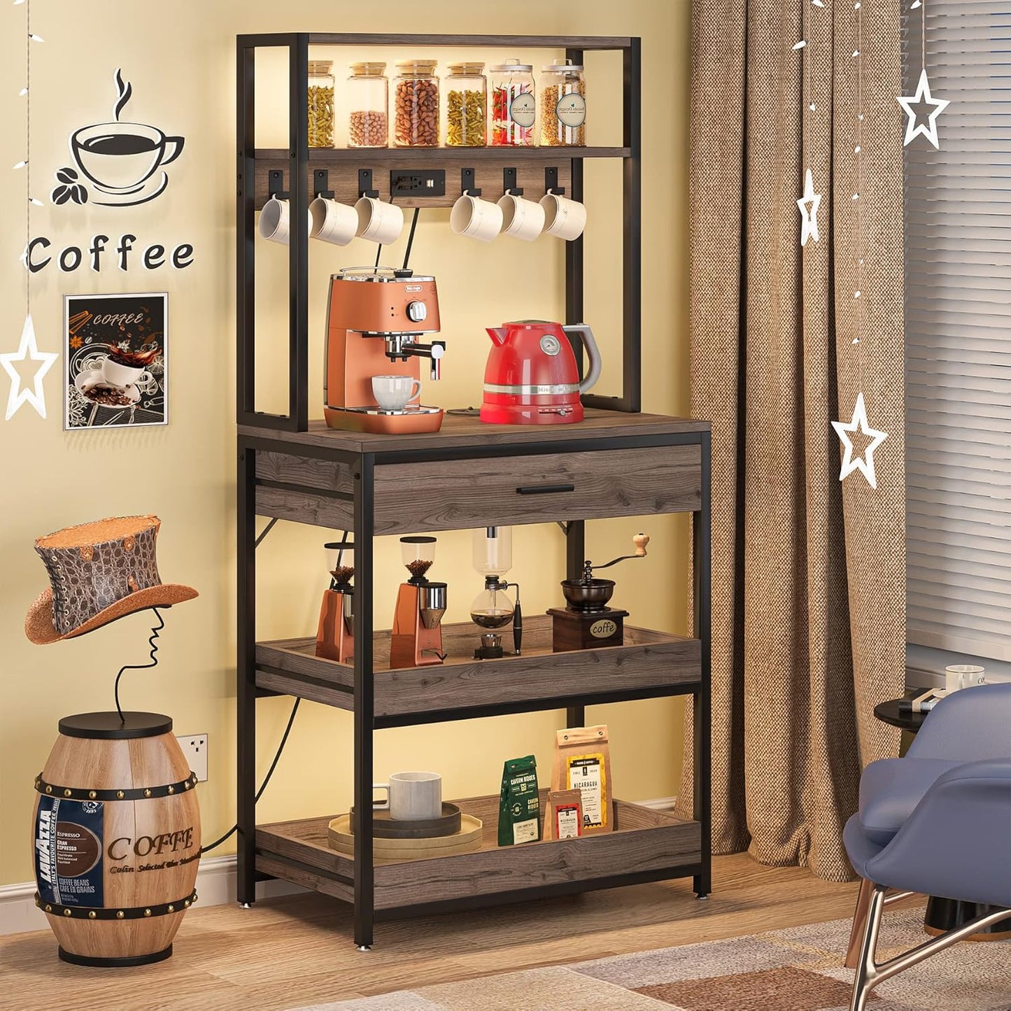 LITTLE TREE Kitchen Baker’s Rack with Power Outlets, Freestanding 5-Tier Microwave Stand with Drawers & Sliding Shelves, Coffee Bar with 6 Hooks for Dining Room Living Room, Grey & Black