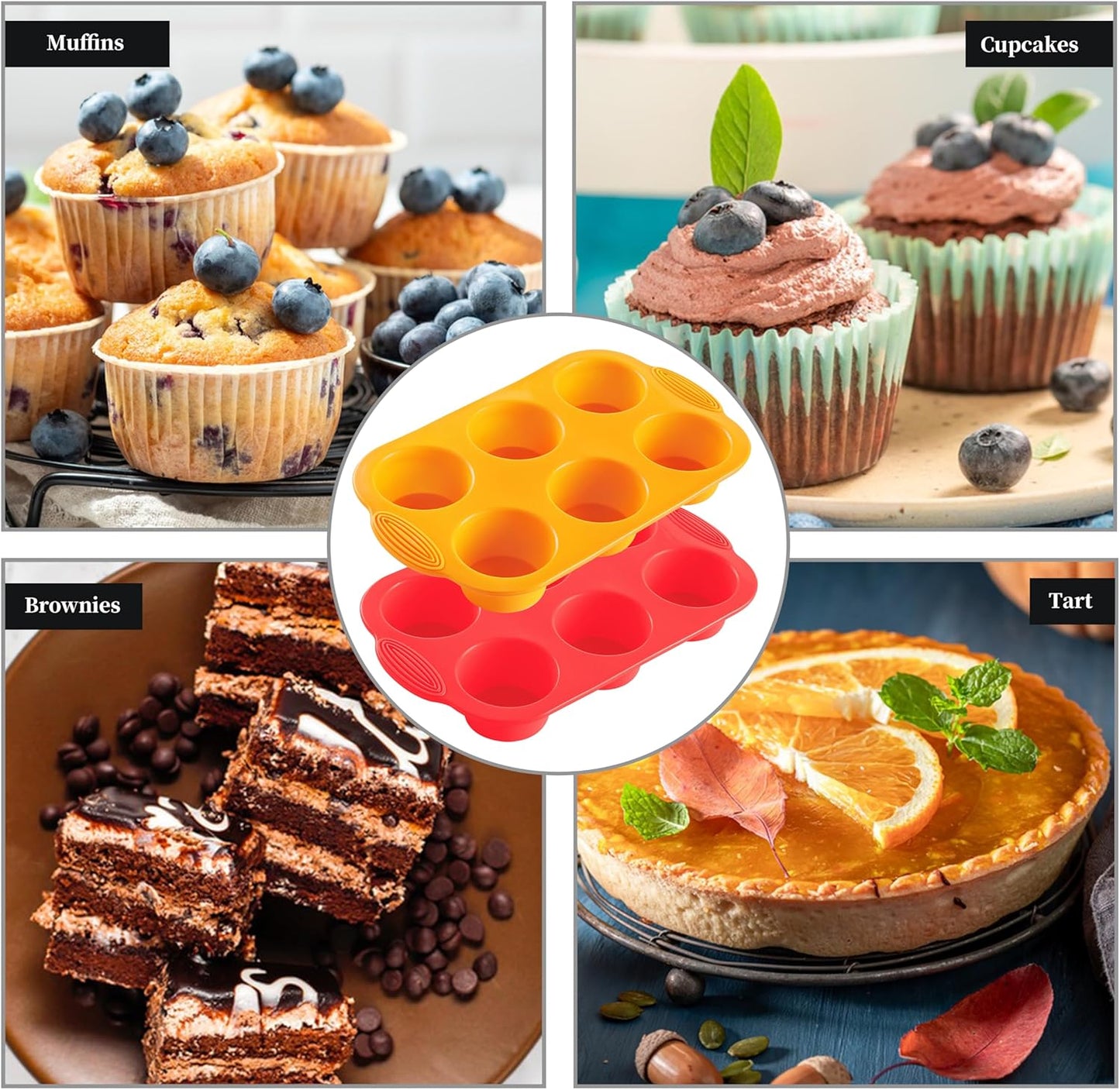2PCS Silicone Muffin Cupcake Pan Molds, 6-Cavity Non Stick Silicone Muffin Pans for Baking Muffin, Cupcakes, Brownies and More, Food Grade and BPA Free (Orange and Red)