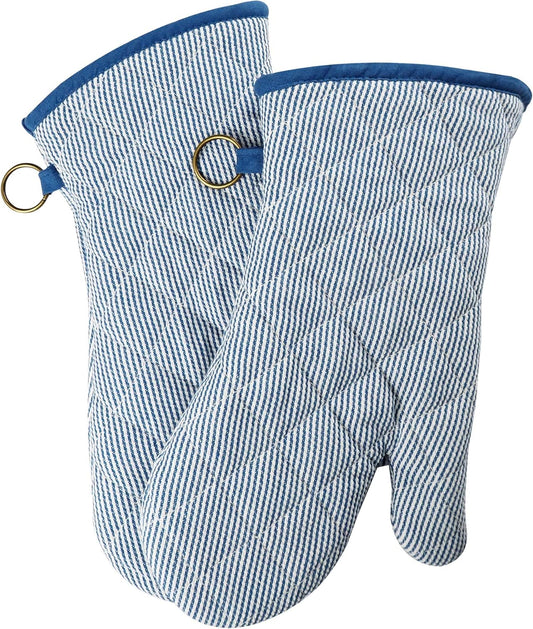 1 Pair Yarn Dyed Oven Mitts 100% Cotton Heat Resistant 470 Degree Gloves Men Women Cooking Baking Barbecue BBQ Microwave Crafting Machine Washable Pot Holders Mittens (blue2)
