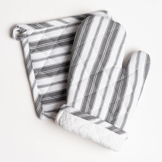 Oven Mitt & Potholder Set - Durable Heat Resistant Gloves - Thick Mittens for Kitchen - Suitable for Cooking, Baking, Grilling – BBQ - 1 Oven Mitts & 1 Potholders – Dark Grey Stripes - Casa De Lan
