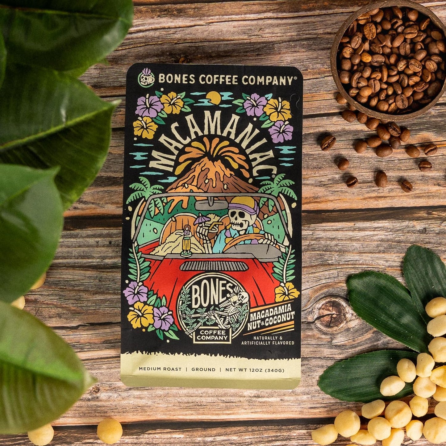 Bones Coffee Company Macamaniac, Macadamia and Coconut Flavored Coffee, Medium Roast Low Acid Arabica Beans Compatible with Auto drip and French Press Coffee Maker, 12 Oz Ground