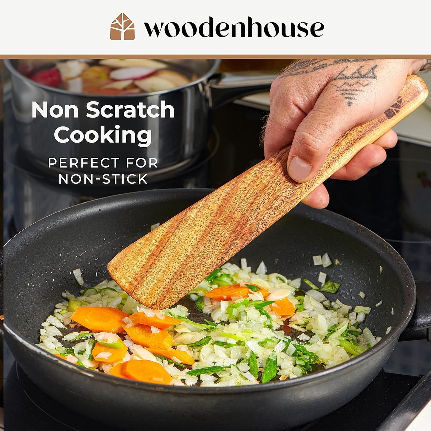 Wooden Spatula for Cooking, Teak Spatulas for Kitchen Use - Wooden Cooking Utensils Set of 4 including Paddle, Turner, Slotted Spurtle and Wood Scraper. Nonstick cookware.