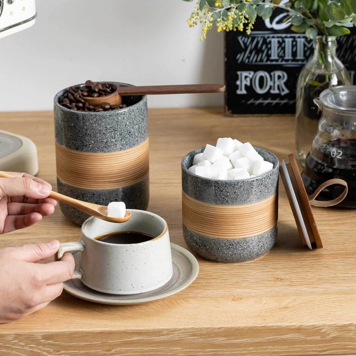 Airtight Coffee Storage Container Jar with Lid, Ceramic Kitchen Food Storage Jars for Spice Sugar Cookie, Coffee Bean Stackable Decorative Jars for Housewarming, Grey & 28 fl.oz