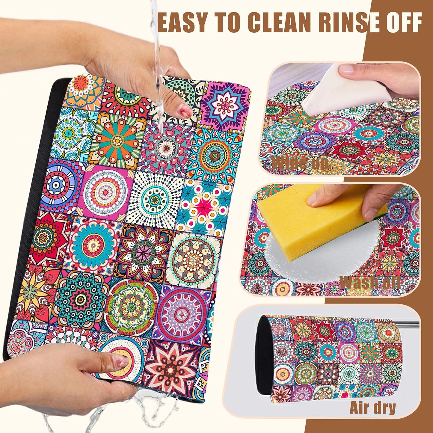 Vintage Mexican Ethnic Mandala Dish Drying Mat for Kitchen Counter Bar Mat Hide Stain Absorbent Rubber Backed Coffee Maker Espresso Machine Accessories 11.8 x 19.7 Inch