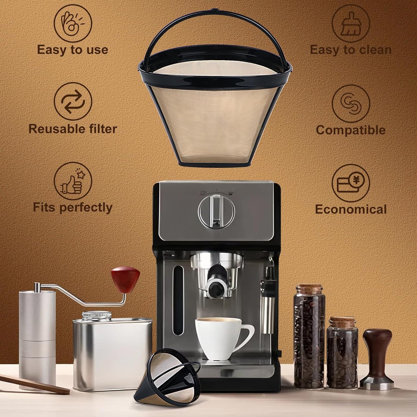 Reusable Coffee Filters for Ninja Coffee Filter, Permanent Coffee Filter 4, Used for Replacing the Ninja Coffee Bar Brewer, 4 Cone Permanent Coffee Filter, 2Pcs