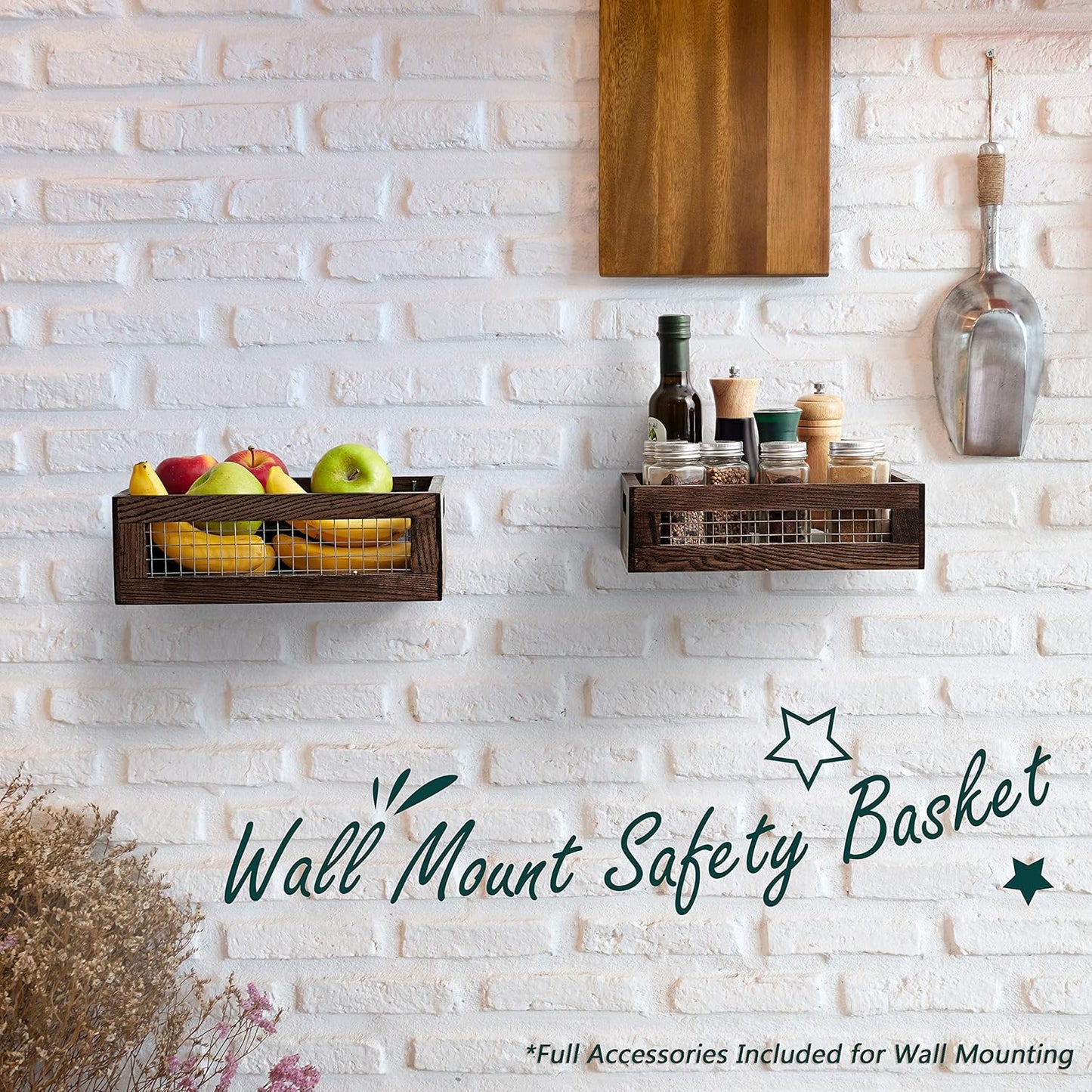 Wooden Countertop Baskets Set of 2 for Kitchen, Bathroom, Pantry|Wall Mount Upgrade with Full Accessories| Rustic Nesting Boxes|Wooden Organizer Crates for Fruit, Vegetables, Produce, Bread