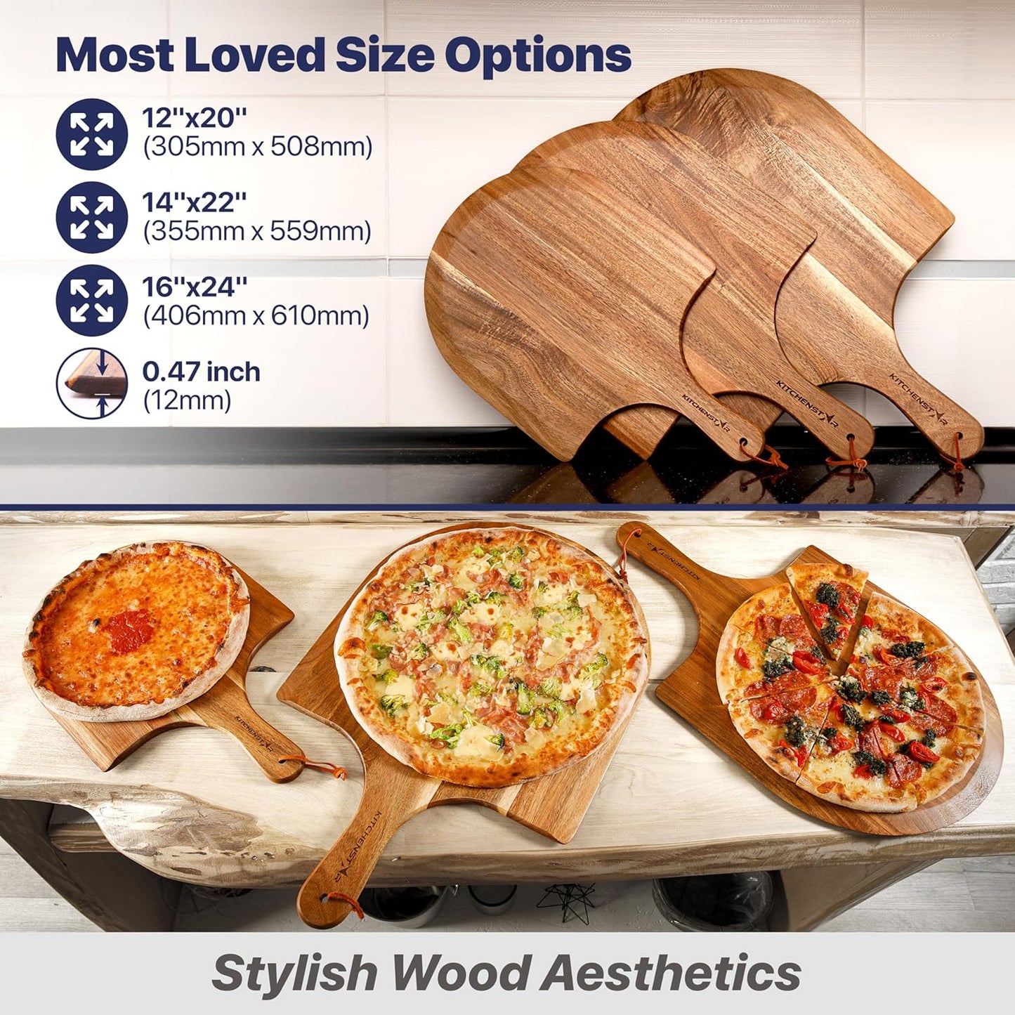 KitchenStar 12-Inch Acacia Wood Pizza Peel – Wooden Cutting & Serving Board with Handle & Hanging Loop – Natural Oil Finish – Ideal Pizza Oven Accessory for Easy Sliding & Prep