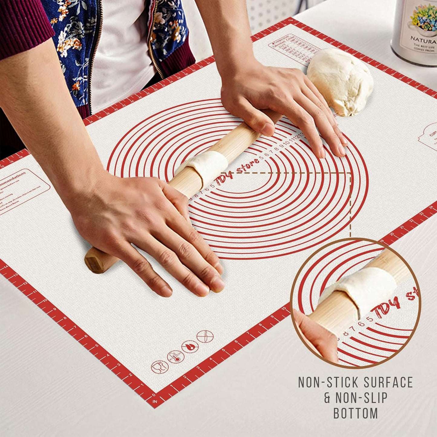 36 * 24 inches Red, Non-Slip Silicone Baking Sheets - Baking Mat with 0.7mm Thickness - Non-Stick Pastry & Cookie Mat for Kitchen Counter for Rolling Out Dough with Measurements.