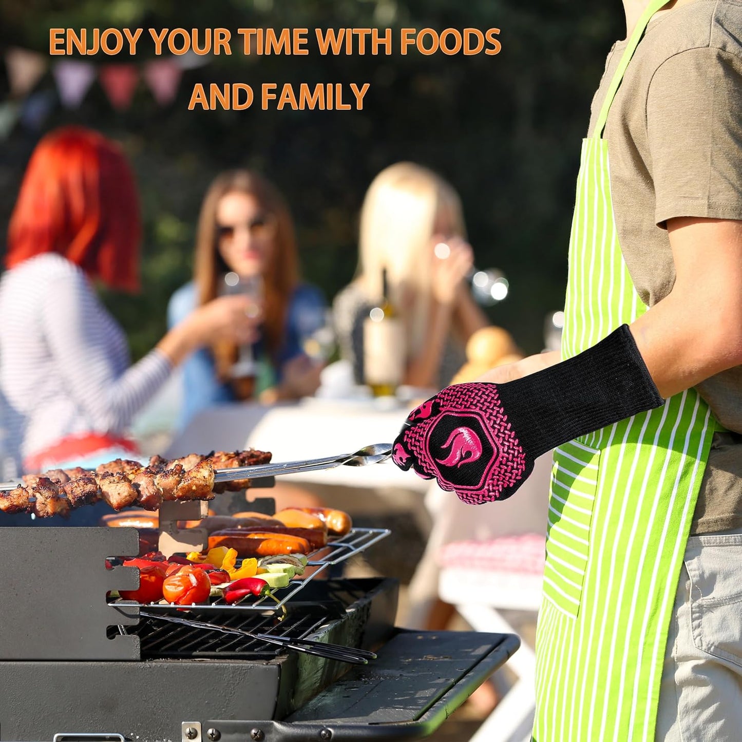 BBQ Fireproof Gloves, Grill Cut-Resistant Gloves 1472°F Heat Resistant Gloves, Non-Slip Silicone Oven Gloves, Kitchen Safe Cooking Gloves for Oven Mitts,Barbecue,Cooking, Frying,13.5 Inch-Rose Pink