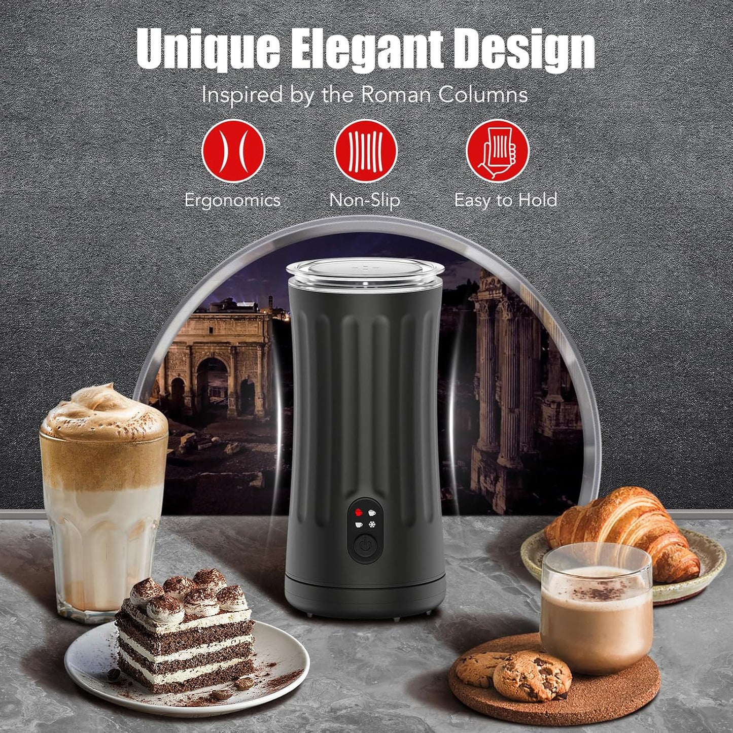 Milk Frother, Upgraded 4-in-1 Milk Frother and Steamer, Hot and Cold Foam Maker and Milk Warmer with Temperature Control & Auto Shut-Off, Frother for Coffee, Latte, Cappuccino, Matcha(Black)
