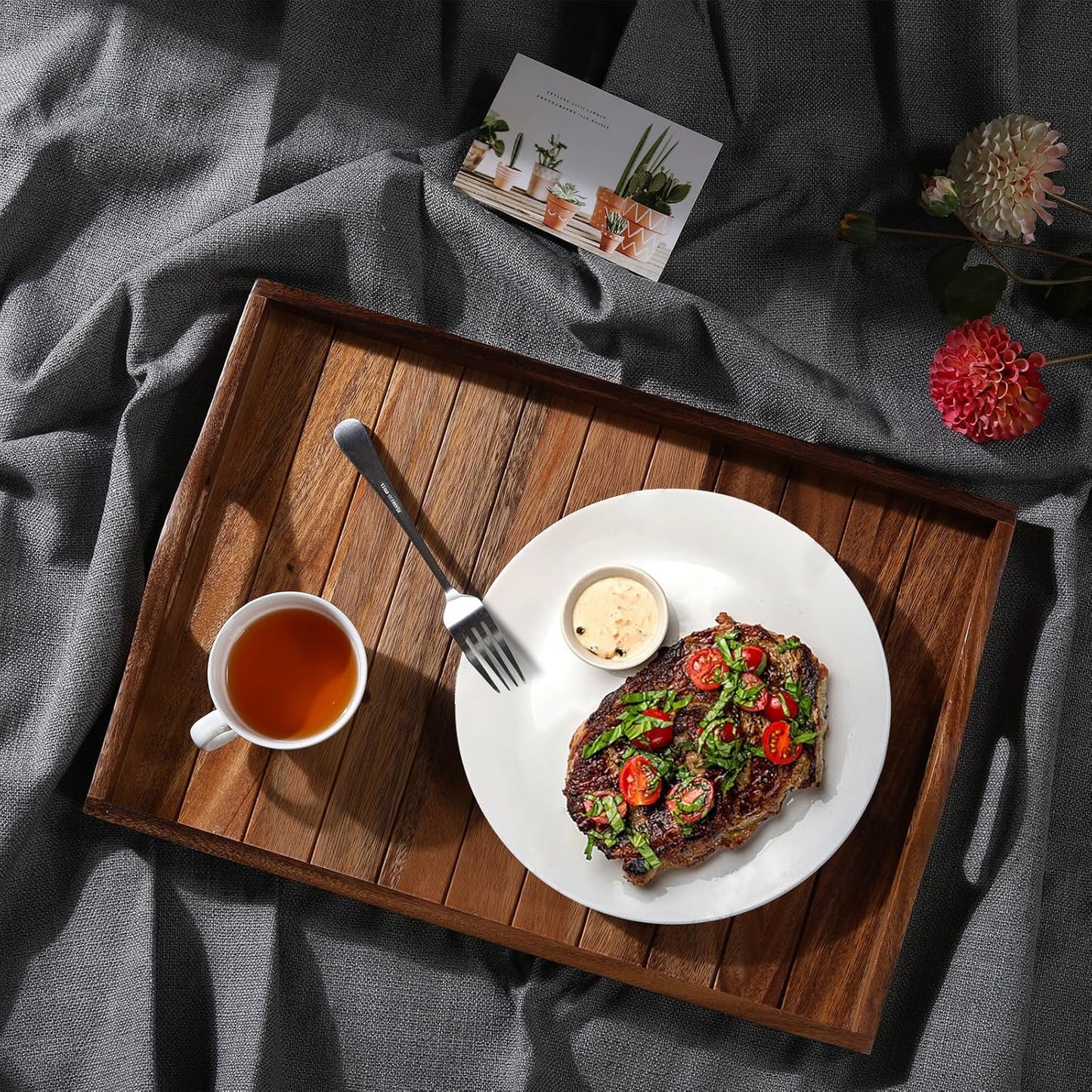 Large Acacia Wooden Serving Tray with Handles 20 x 14 inch Decorative Coffee Table Ottoman Tray for Living Room Extra Large for Kitchen Dinner Food Bar Breakfast in Bed (Color Natural)