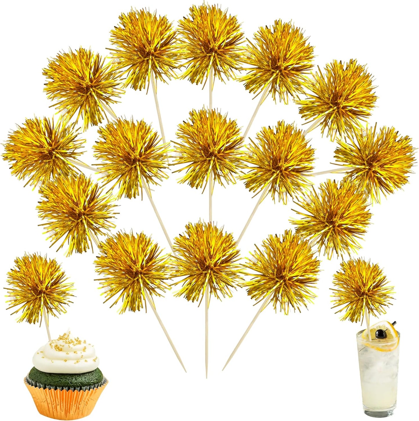 Ephlyn 30Pcs Foil Firework Cupcake Toppers Sparkles Fireworks Sticks Birthday Decorations Sparkle Tinsel Cocktail Fruit Toothpick for Birthday Wedding Graduation Party Cake Decorations Gold