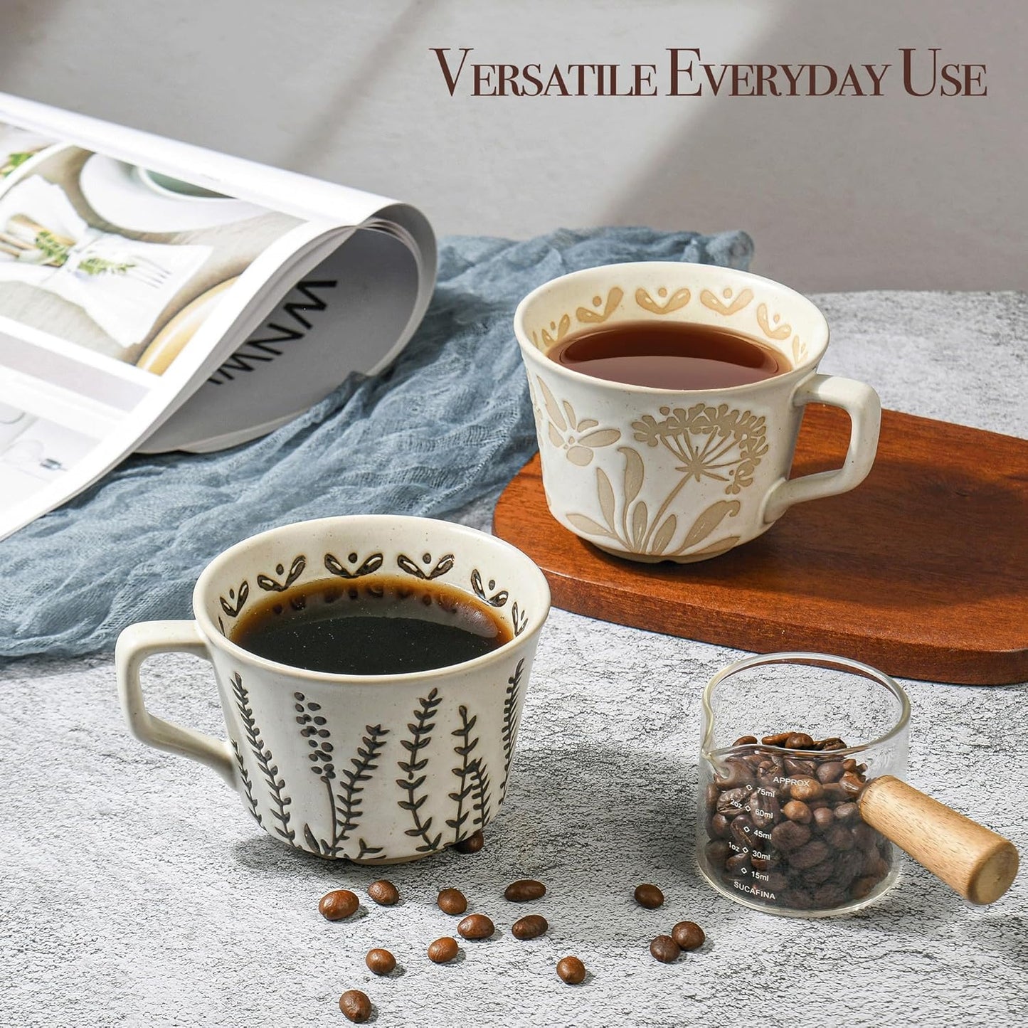 Ceramic Coffee Mug, 12 oz Novelty Unique Teacup with Large Handle, Stoneware Cup for Tea Mocha Latte Cappuccino Espresso (Set of 4, Butterfly Grass Ivy and Leaf)