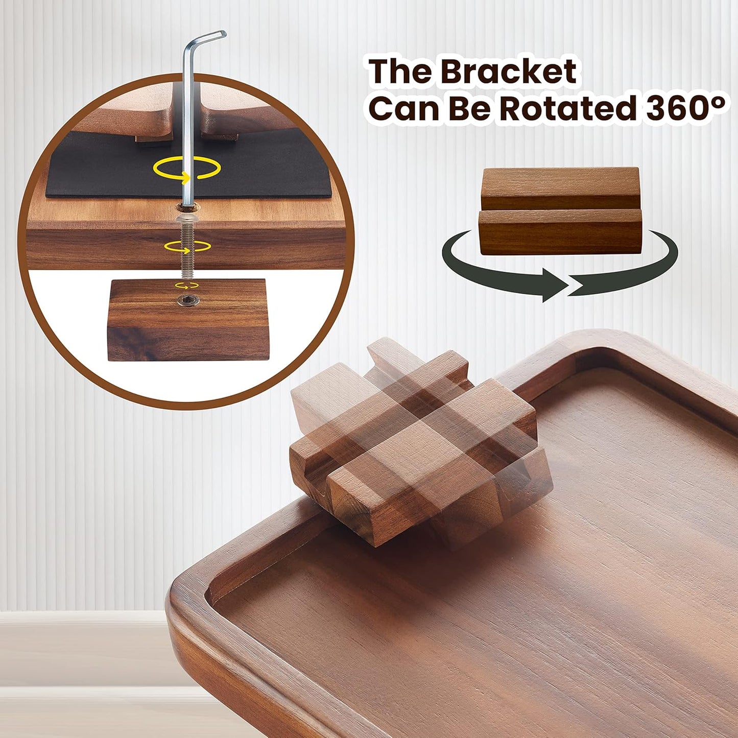 Tinamo Acacia Wood Sofa Armrest Tray with Phone Holder - Large Sofa Arm Tray Table Clip - Couch Arm Table for Wide Couches - Wooden Side Tables for Small Spaces for Eating and Drink(13.8" x 9.5" x 1")