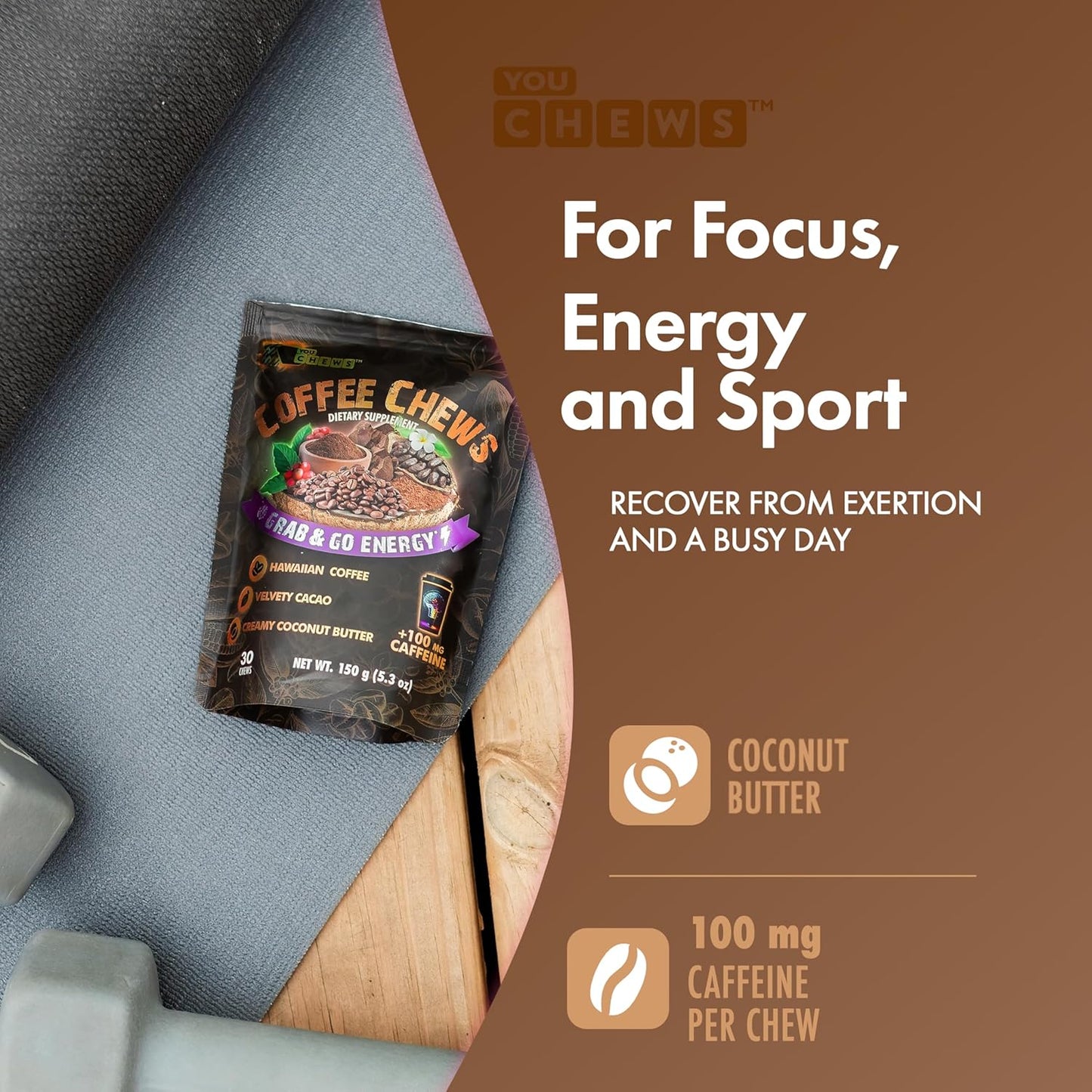 Coffee Chews - Grab & Go Energy with 100mg per Chew of Clean, Green Caffeine. with Real Organic Ingredients, Low Sugar, Great Bold Taste & Long Lasting Energy Boost (Pack of 2)